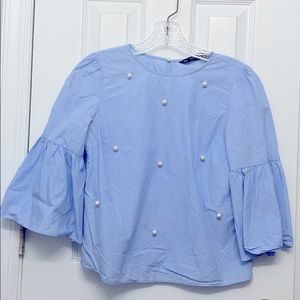 Zara Women’s XS Flutter-sleeve Shirt in Blue